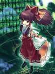  brown_eyes brown_hair detached_sleeves full_body ghost gohei hakurei_reimu hitodama okina_ika oonusa ponytail red_skirt ribbon-trimmed_sleeves ribbon_trim skirt solo standing touhou 