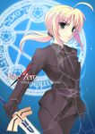  ahoge artoria_pendragon_(all) azu excalibur fate/zero fate_(series) formal greek magic_circle pant_suit pentagram ponytail saber solo suit sword weapon 