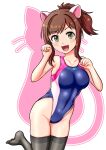  1girl animal_ears black_thighhighs blue_one-piece_swimsuit breasts cat cat_ears collarbone commentary_request competition_swimsuit covered_navel cowboy_shot highleg highleg_swimsuit highres idolmaster idolmaster_cinderella_girls maekawa_miku medium_breasts multicolored_clothes multicolored_swimsuit one-piece_swimsuit paw_pose ponytail rakukisa short_hair sidelocks silhouette smile solo swimsuit thighhighs white_background 