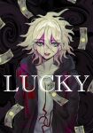  1boy :d absurdres blood collarbone commentary_request danganronpa_(series) danganronpa_2:_goodbye_despair english_text green_jacket grey_hair highres jacket komaeda_nagito male_focus messy_hair money open_clothes open_jacket pink_blood print_shirt shimotsuki_niko shirt smile solo teeth 