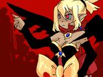  artist_request blonde_hair blood bow dark_skin disgaea dress lowres makai_senki_disgaea_2 pointy_ears red red_background red_eyes rozalin solo strapless strapless_dress wings yellow_bow 