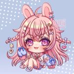  1girl :d ahoge animal_ears chibi chibi_only coat dominoes hair_ornament hair_ribbon highres light_blue_background long_hair looking_at_viewer mahjong_tile multicolored_coat phase_connect pink_eyes pink_hair pipkin_pippa pipkin_pippa_(1st_costume) rabbit_ears rabbit_girl rabbit_tail ribbon sleeves_past_fingers sleeves_past_wrists slippers smile solo su_niii tail v-shaped_eyebrows virtual_youtuber 