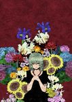  alternate_costume dress flower green_hair hands_on_own_chest highres jewelry kazami_yuuka light_smile melonpan_(artist) necklace red_eyes solo spider_lily sunflower touhou 