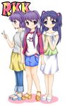  blue_eyes blue_hair casual cellphone clannad fujibayashi_kyou fujibayashi_ryou fujieda_hiro highres ichinose_kotomi long_hair multiple_girls phone purple_eyes purple_hair short_hair siblings sisters twins 