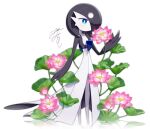  1other alternate_color black_hair black_skin blue_eyes blue_skin colored_skin flower full_body gardevoir highres lotosu lotus multicolored_skin pokemon pokemon_(creature) signature simple_background smile solo white_background white_skin 