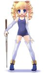  :d archer_(disgaea) bangs bare_shoulders blonde_hair blue_eyes blue_swimsuit blunt_bangs blush breasts collarbone covered_navel detached_sleeves disgaea drill_hair eyebrows_visible_through_hair gun haga_yui long_hair looking_at_viewer one-piece_swimsuit open_mouth pointy_ears rifle school_swimsuit small_breasts smile solo swimsuit thighhighs weapon 