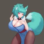  1girl absurdres alyssa_taiga_(busmansam) animal_ear_fluff animal_ears black_pantyhose breasts cleavage commission green_hair grey_background highres large_breasts looking_at_viewer original pantyhose pelvic_curtain pockyland red_eyes short_hair solo tail thighs wolf_ears wolf_girl wolf_tail 