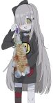  1girl :3 @_@ absurdres animal animal_collar bandaged_leg bandages black_bow black_hoodie blunt_ends blush bow claws collar cuttlefish fang feet_out_of_frame fewer_digits fishing_hook floppy_ears furry furry_female grey_hair hair_bow hair_ornament hair_over_one_eye highres holding holding_animal hood hood_down hoodie long_hair long_sleeves no_pants open_mouth original oyasu_miyo print_hoodie rabbit_hair_ornament simple_background single_thighhigh smile smiley_face solo standing stitches striped_clothes striped_thighhighs thighhighs very_long_hair vreparty white_background yellow_eyes 