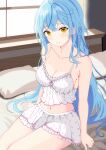  1girl absurdres ahoge bed_sheet bedroom blue_hair border breasts camisole cleavage collarbone crossed_bangs frilled_camisole frilled_skirt frills highres hololive light_blush long_hair looking_at_viewer messy_hair navel on_bed pillow pointy_ears polka_dot polka_dot_camisole polka_dot_skirt ritsuki_kotowa sidelocks sitting skirt spaghetti_strap very_long_hair virtual_youtuber white_camisole white_skirt yellow_eyes yukihana_lamy yukihana_lamy_(4th_costume) 