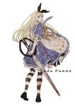  1girl alice_(alice_in_wonderland) alice_in_wonderland apron bity3155660241 black_footwear blonde_hair blood blood_on_clothes blood_on_weapon blue_dress bow dress from_behind full_body hair_bow hairband holding holding_weapon long_hair looking_at_viewer looking_back oversized_object pantyhose puffy_short_sleeves puffy_sleeves rabbit red_eyes scissors shoes short_sleeves simple_background solo standing striped_clothes striped_pantyhose stuffed_animal stuffed_rabbit stuffed_toy weapon white_background 