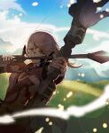  1girl aiming arrow_(projectile) au_ra blue_sky bow_(weapon) cirina_mol cloud covered_mouth cowboy_shot day drawing_bow feathers field final_fantasy final_fantasy_xiv from_side grass green_eyes hair_ribbon highres holding holding_bow_(weapon) holding_weapon jacket jewelry lens_flare mountainous_horizon mugi_kosuta necklace outdoors pink_hair pink_jacket ribbon ring scales short_hair sky solo weapon 