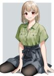  1girl blonde_hair blush collared_shirt doushimasho earrings fingernails green_shirt grey_skirt hands_on_floor highres jewelry minase_ito original red_eyes shirt short_hair short_sleeves sitting skirt smile thighhighs wariza 