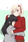 2girls ? between_breasts black_hair blonde_hair blush bob_cut breasts closed_eyes commentary face_between_breasts grey_sweater hair_ribbon hand_on_another&#039;s_head head_between_breasts highres inoue_takina jo_er large_breasts long_hair long_sleeves lycoris_recoil multiple_girls nishikigi_chisato one_eye_closed one_side_up red_eyes red_ribbon red_sweater ribbed_sweater ribbon short_hair sidelocks sleeves_past_wrists sweater yuri 