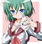  blue_eyes blush cathead flat_chest green_hair iwasaki_minami lucky_star nyamou pink_neckwear ryouou_school_uniform school_uniform serafuku short_hair solo takumi_(rozen_garten) 