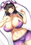  1girl :o bare_arms bikini black_hair blunt_bangs blush breasts cleavage collarbone gradient_background green_eyes hair_ornament highres huge_breasts kamokatatsumuri long_hair looking_at_viewer navel open_mouth phantasy_star phantasy_star_online_2 pointy_ears purple_bikini purple_shorts rupika_(pso2) shorts sidelocks simple_background solo standing sticker_on_face stomach swimsuit tankini 