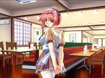 artist_request copyright_request looking_back non-web_source pink_hair ponytail purple_eyes restaurant short_hair solo tachi-e thighhighs waitress 