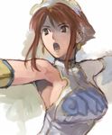  armpits b_suke bare_shoulders breasts brown_eyes brown_hair chai_xianghua faux_traditional_media large_breasts open_mouth outstretched_arms short_hair solo soulcalibur spread_arms upper_body 