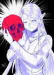  1girl blonde_hair breasts closed_eyes dungeon_meshi elf falin_thorden hair_down highres holding holding_skull long_hair long_sleeves marcille_donato pointy_ears sad signature simple_background skull solo twitter_username yuri_kyanon 