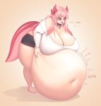 absurd_res animal_humanoid belly big_belly big_breasts bottomwear breasts burping cakecatboy cleavage clothed clothing collar dialogue dragon dragon_humanoid female freya_(cowszers) hair hand_on_belly hi_res holding_belly horn horned_humanoid huge_belly huge_breasts huge_thighs humanoid hyper hyper_belly mythological_creature mythological_scalie mythology navel open_mouth pink_eyes pink_hair rumbling_stomach scalie shadow shirt shorts solo sound_effects stuffing tail text thick_thighs tongue tongue_out topwear