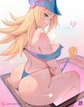  1girl artist_name arttoru ass back bikini blonde_hair breasts dark_magician_girl english_text green_eyes grin hat highres large_breasts long_hair patreon_logo sitting smile solo speech_bubble swimsuit thighs thong_bikini yu-gi-oh! 