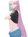  1girl :o black_shirt blue_hair breasts clothes_lift cowboy_shot hair_between_eyes hair_down highres iono_(pokemon) kana_(kanna_runa0620) long_hair looking_at_viewer looking_to_the_side multicolored_hair open_mouth pink_hair pokemon pokemon_sv shirt shirt_lift solo straight_hair two-tone_hair very_long_hair white_background 