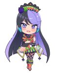  1girl :d black_hair blue_hair boots brown_gloves carron_(waccha_primagi!) chibi commentary_request dolldolldd dress flower frilled_dress frills full_body ghost gloves green_flower green_rose halloween_costume hand_on_own_cheek hand_on_own_elbow hand_on_own_face hand_up jack-o&#039;-lantern long_hair looking_at_viewer multicolored_hair open_mouth orange_footwear pretty_series puffy_short_sleeves puffy_sleeves purple_eyes purple_flower purple_hair purple_rose rose short_sleeves simple_background smile solo standing very_long_hair waccha_primagi! white_background 
