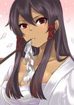  black_hair breasts cleavage dark_skin gohei hair_ribbon japanese_clothes looking_at_viewer mahou_sensei_negima! masaki_(celesta) medium_breasts miko oonusa red_eyes ribbon sarashi solo tatsumiya_mana 