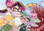  2girls atataka_soranko black_hair blue_sky callie_(splatoon) cherry_blossoms commentary_request cousins eyelashes falling_petals fangs flower gradient_hair green_hair hair_flower hair_ornament holding holding_umbrella inkling japanese_clothes kimono long_hair long_pointy_ears marie_(splatoon) mole mole_under_eye multicolored_hair multiple_girls open_mouth petals pink_hair pointy_ears recycled_brella_24_(splatoon) short_hair sky smile splatoon_(series) star-shaped_pupils star_(symbol) symbol-shaped_pupils teeth tentacle_hair thick_eyebrows two-tone_hair umbrella white_hair yellow_eyes 