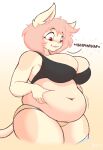 anthro belly belly_grab belly_overhang belly_squish big_belly big_breasts black_clothing blush bra breast_squish breasts capri_(doxxyl) cleavage clothed clothing domestic_cat doxxyl felid feline felis female hair hi_res inner_ear_fluff looking_down mammal motion_lines navel onomatopoeia overweight overweight_female panties pink_hair prosthetic prosthetic_leg prosthetic_limb red_eyes solo sound_effects squish tail tan_body text thick_thighs tongue tongue_out tuft underwear yellow_clothing
