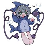  1girl animal_costume bad_feet barefoot claw_pose fang green_eyes highres hood hoodie komeiji_koishi looking_at_viewer naked_hoodie open_mouth shark_costume soap_bubbles third_eye touhou white_background zunusama 