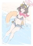  1girl animal_ears arm_support bikini blue_archive border breasts brown_hair closed_eyes commentary denim denim_shorts fox_ears fox_girl fox_tail grey_shorts grin halo highres izuna_(blue_archive) izuna_(swimsuit)_(blue_archive) masabodo medium_breasts navel neckerchief ocean official_alternate_costume open_fly pink_halo pink_neckerchief short_hair short_shorts shorts sitting smile solo stomach striped_bikini striped_clothes swimsuit tail thighs white_border 