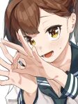  1girl asymmetrical_bangs blush breasts brown_hair cleavage fingernails hands_up highres long_sleeves looking_at_viewer lower_teeth_only muchi_maro neckerchief ok_sign open_mouth original portrait sailor_collar solo sweatdrop teeth white_background yellow_eyes 