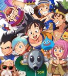  5girls 6+boys :d ;) abel abel_(dq) angel_wings animal_on_shoulder bald black_hair blue_eyes brown_gloves bulma cape character_request clenched_teeth daisy_(dq) densetsu dr._slump dragon dragon_ball dragon_ball_(classic) dragon_quest dragon_quest_ix dragon_quest_viii dragon_radar fairy frieza glasses gloves halo hat heroine_(dq9) metal_king multiple_boys multiple_girls munchie_(dq8) muten_roushi norimaki_arale old old_man one_eye_closed purple_hair quest red-framed_eyewear red_cape sandy_(dq9) slime_(dragon_quest) smile son_goku sunglasses suppaman teeth toriyama_akira_(character) under_etchan vegeta white_gloves wings yuusha 