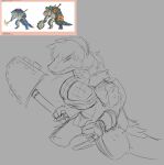 2024 4chan anthro armor baryonyx big_breasts black_and_white breasts cavemanon_studios cosplay crossover crossover_cosplay dinosaur female fingers hair i_wani_hug_that_gator kroxigor long_tail monochrome olivia_halford reptile scalie sharp_teeth short_hair shovel sketch snout solo spinosaurid tail teeth theropod tools unknown_artist warhammer_(franchise) warhammer_fantasy