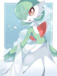  blue_sky border cloud colored_skin commentary_request falling_petals gardevoir gardevoir_day green_hair highres iwasi_29 looking_at_viewer open_mouth outside_border petals pokemon pokemon_(creature) red_eyes sky sparkle white_border white_skin 