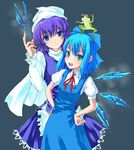  blue_dress blue_eyes blue_hair blue_ribbon cirno dress frog hair_ribbon hands_on_hips letty_whiterock long_hair looking_at_viewer multiple_girls open_mouth pleated_dress purple_dress purple_hair ribbon smile touhou unasaka_ryou 