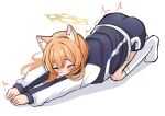  1girl animal_ear_fluff animal_ears ass black_jacket black_shorts blue_archive blush cat_ears cat_girl closed_eyes commentary embarrassed halo highres jacket long_hair long_sleeves mari_(blue_archive) mari_(track)_(blue_archive) miyai_(myai04) orange_hair shorts simple_background socks solo stretching track_jacket twitching white_background white_socks yellow_halo 