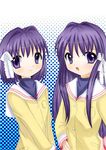  clannad fujibayashi_kyou fujibayashi_ryou fujieda_hiro hikarizaka_private_high_school_uniform multiple_girls purple_eyes purple_hair school_uniform siblings sisters twins 