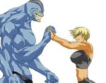  bad_id bad_pixiv_id blonde_hair blue_eyes breasts character_request gen_1_pokemon grin huge_breasts ksaiki large_breasts machamp midriff multiple_arms muscle muscular_female pokemon pokemon_(creature) red_eyes short_hair simple_background smile white_background 