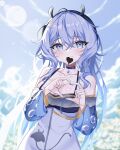  1girl artist_name black_choker blue_eyes blurry blurry_background breasts bubble candy chocolate choker cleavage collarbone flower food food_in_mouth gachumacha grey_nails hair_between_eyes hair_ornament hair_over_shoulder heart heart-shaped_chocolate heart_hands highres indie_virtual_youtuber long_hair manta_ray_girl meadow rei_stingray sky solo stingray virtual_youtuber white_flower x_hair_ornament zipper 