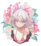  1girl :&lt; absurdres animal_ears bikini breast_tattoo breasts cat_ears cat_girl cropped_torso flower highres motsuni-komi off_shoulder original slit_pupils small_breasts solo swimsuit tattoo white_eyes white_hair 