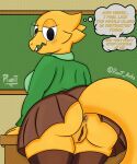 absurd_res alphys anthro anus big_butt bottomwear butt clothed clothing deltarune eyewear female genitals glasses hi_res looking_at_viewer partially_clothed pixelt pussy raised_bottomwear raised_clothing raised_skirt rear_view scalie skirt solo speech_bubble tail thick_thighs undertale_(series) yellow_body