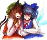  animal_ears bad_id bad_pixiv_id blue_eyes blue_hair brown_eyes brown_hair cat_ears cat_tail chen cirno crossed_arms evil_grin evil_smile grin multiple_girls ribbon sketch smile tail touhou wings you_gonna_get_raped yukizen 