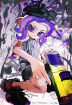  1girl :/ black_footwear black_shorts closed_mouth commentary eyewear_on_head graffiti gun hero_shot_(splatoon_3) highres holding holding_gun holding_weapon long_hair looking_at_viewer octoling octoling_girl octoling_player_character purple_eyes purple_hair shirt short_sleeves shorts solo splatoon_(series) splatoon_3 squatting sweater_vest symbol-only_commentary tentacle_hair vest weapon white_shirt white_vest xiaopi_(babaofnoreturn) 