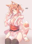  animal_ear_fluff animal_ears black_thighhighs breasts cleavage fox_ears fox_tail hair_ornament jacket jewelry necklace orange_eyes orange_hair pelvic_curtain red_sash sash sawaya_(mizukazu) sitting tail thighhighs 