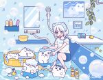  &gt;_&lt; 1girl :3 :d animal_ears bath_brush bathroom bathtub bear bear_ears blue_eyes blue_pants blush_stickers bright_pupils chibi clothes_writing drooling drying emma_(kumaema) full_body grey_shirt highres leaf lineart mirror mouth_drool musical_note original pants radio rubber_duck shirt short_hair short_sleeves sitting sleeves_rolled_up smile soap_bubbles solo sweatdrop tile_floor tiles white_shirt 