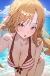  1girl absurdres adjusting_hair asuna_(sao) beach bikini braid breasts brown_eyes brown_hair cleavage collarbone french_braid front-tie_bikini_top front-tie_top halterneck hanging_breasts highres large_breasts leaning_forward light_blush light_brown_hair long_hair looking_at_viewer open_mouth outdoors red_bikini solo sooon striped_bikini striped_clothes swimsuit sword_art_online thigh_gap twitter_username wet 