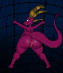 anthro anus big_butt blackmore butt chain dragon female genitals hi_res looking_at_viewer looking_back looking_back_at_viewer ludmilla_(bartok) mythological_creature mythological_scalie mythology purple_body pussy scalie solo spiked_tail spikes spikes_(anatomy) spread_legs spreading tail