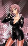  blazer blush breasts business_suit chain-link_fence cleavage copyright_request fence formal glasses gloves jacket medium_breasts pantyhose pencil_skirt pink_hair satou_shouji short_hair skirt skirt_suit solo suit sweat 