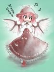  :d [] animal_ears bad_id bad_pixiv_id beamed_sixteenth_notes brown_eyes dress eighth_note happy hat music musical_note mystia_lorelei open_mouth pink_hair singing smile solo touhou translated wings 